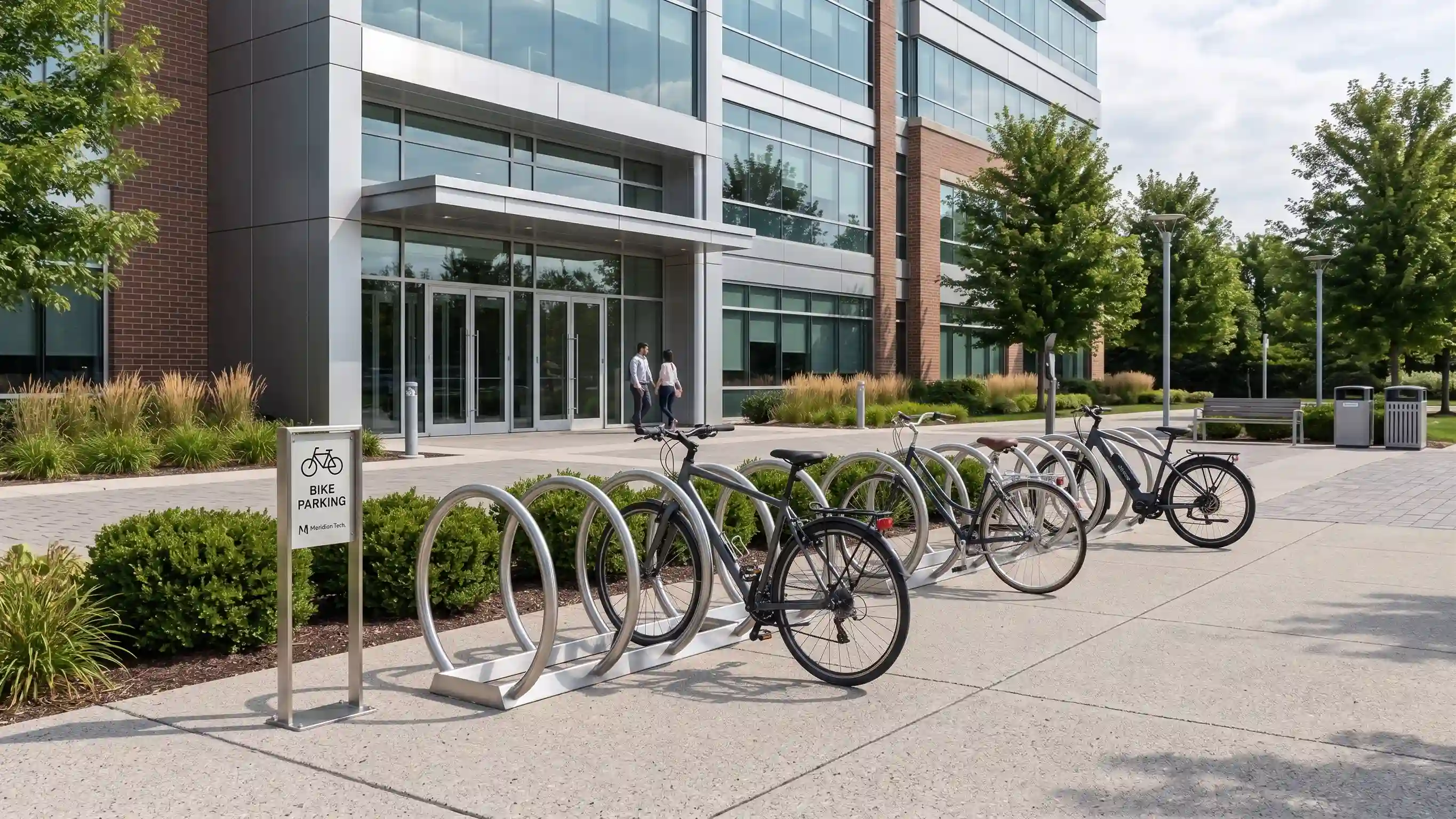 High-capacity commercial bike racks with bicycles outside a modern office building